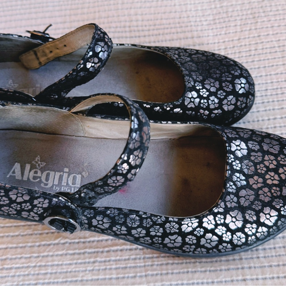 Alegria Black Floral Mary Jane Flats with Metallic Accents